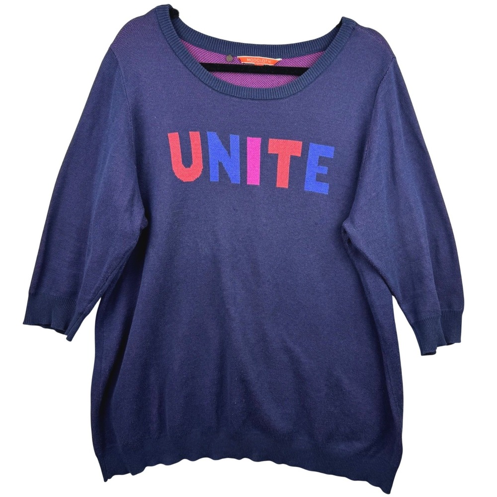 MODCLOTH Sweater Plus Size 2X Navy Blue‎ UNITE Graphic 3/4 Sleeve Soft